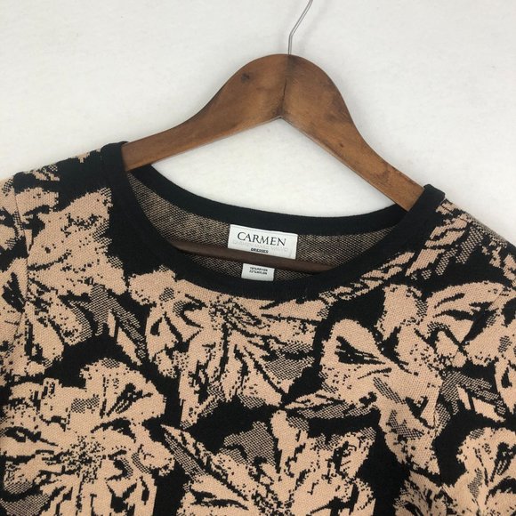 Carmen Marc Valvo Women's Size Small Black Brown Printed Knit Sweater Mini Dress - Picture 2 of 8